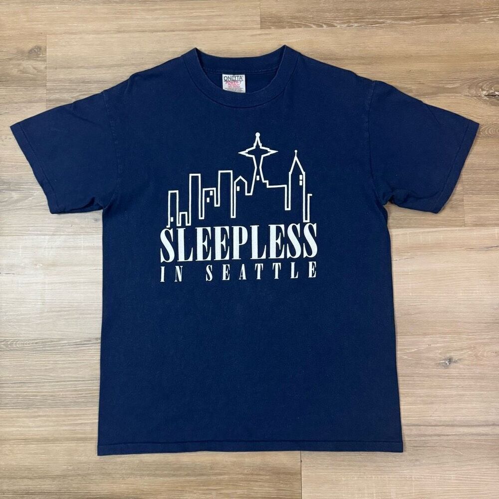Vintage Sz M Sleepless In Seattle Tee Shirt Navy Blue Skyline 90s Single Stitch